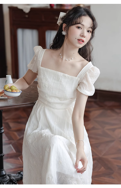 New Fashion Simple Creamy White Short Sleeves Design Women Long Dress TP3050
