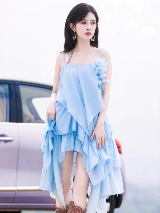 New Fashion Light Blue 3D Flower Spaghetti Strap Irregular Hem Design Summer Party Dress TP3944