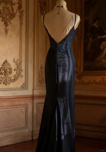 Elegant Navy Blue Sweetheart Beaded Evening Gown Sheath Spaghetti Strap Prom Dress TP5220