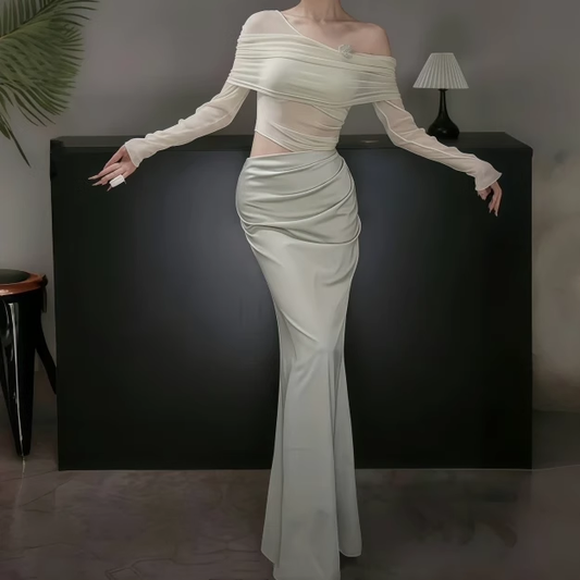 New Fashion Light Green Irregular One-shoulder Style Mesh Long-sleeved Dress TP2901