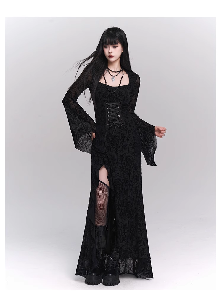 New Gothic Style Fashion Bell Sleeve Design Sense Long-sleeved Split Dress TP2931