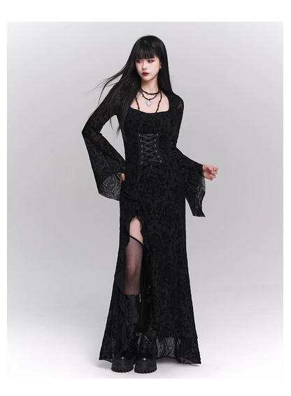 New Gothic Style Fashion Bell Sleeve Design Sense Long-sleeved Split Dress TP2931