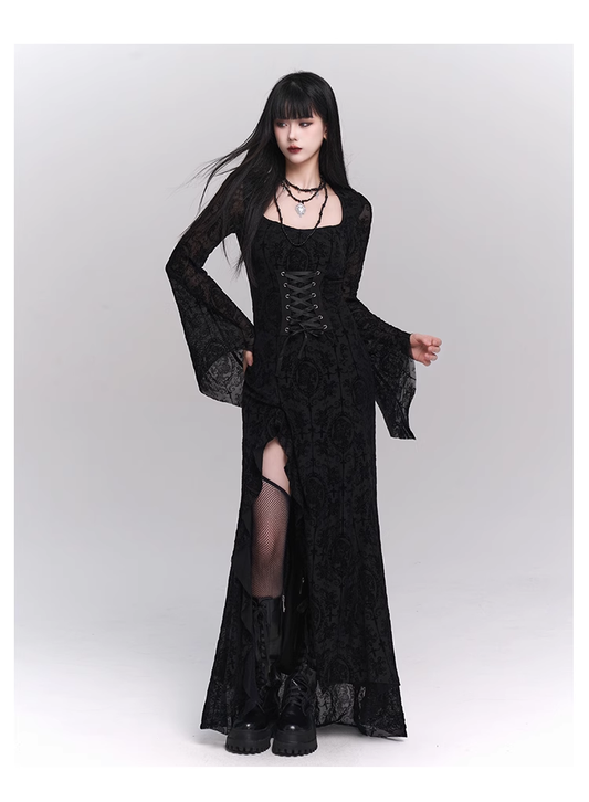 New Gothic Style Fashion Bell Sleeve Design Sense Long-sleeved Split Dress TP2931