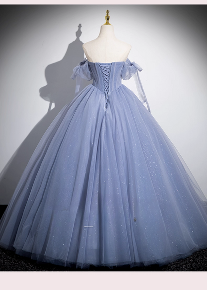 Vintage Dusty Blue Tulle Beaded Puff Sleeves A-Line Quinceanera Ball Gown TP5197