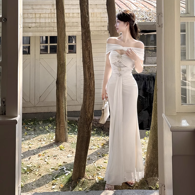 Gorgeous Ivory Off-the-shoulder Sweetheart Applique Beaded Mermaid Long Prom Dress Evening Dress TP4356