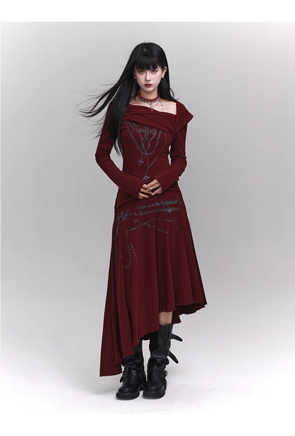 New Fashion Irregular Hemline Design Red Long-sleeved Dress TP2941