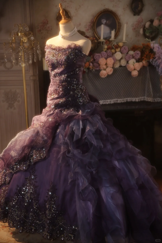 Gorgeous Purple Strapless Ruffled Tulle Sequin Sweet 15 Quinceanera Ball Gown TP5521