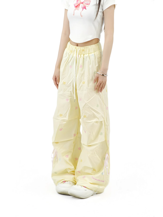 Simple Floral Design Loose-fitting Elastic Waistband Long Casual Pants TP3219