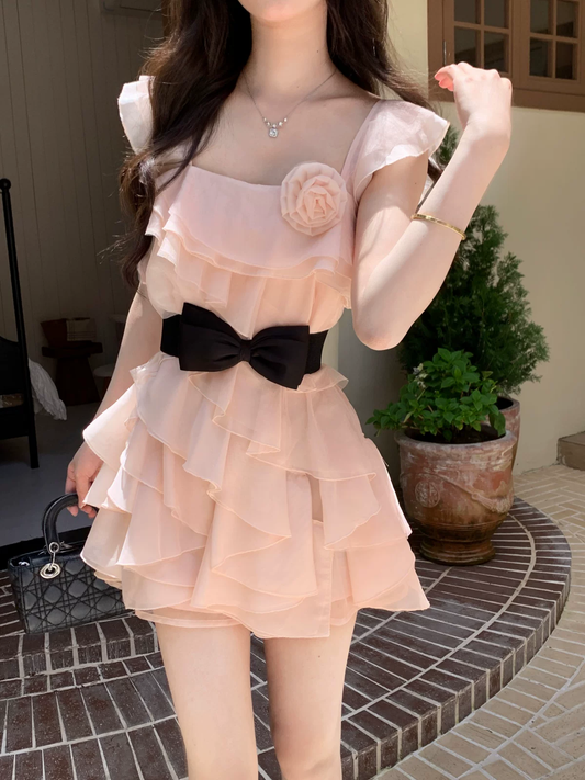Vintage Pink Ruffle 3D Floral Square Neck Flutter Sleeve Chiffon A-Line Homecoming Dress TP6066