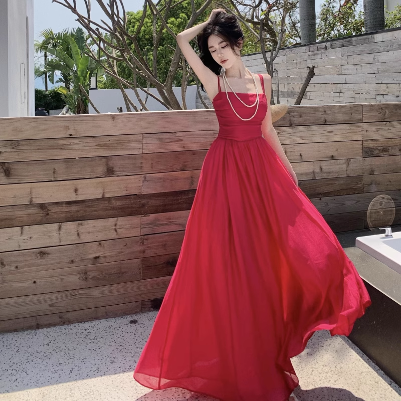 New Elegant Stylish Rose Red High-waisted Spaghetti Strap Dress TP2990