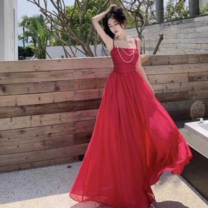 New Elegant Stylish Rose Red High-waisted Spaghetti Strap Dress TP2990