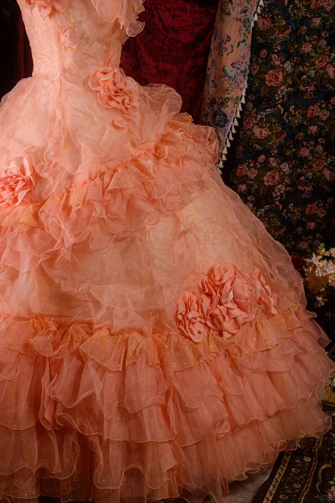 Vintage-Inspired Peach Pink Floral Ruffled Off-Shoulder Ball Gown Tiered Tulle Quinceañera Formal Dress TP5113