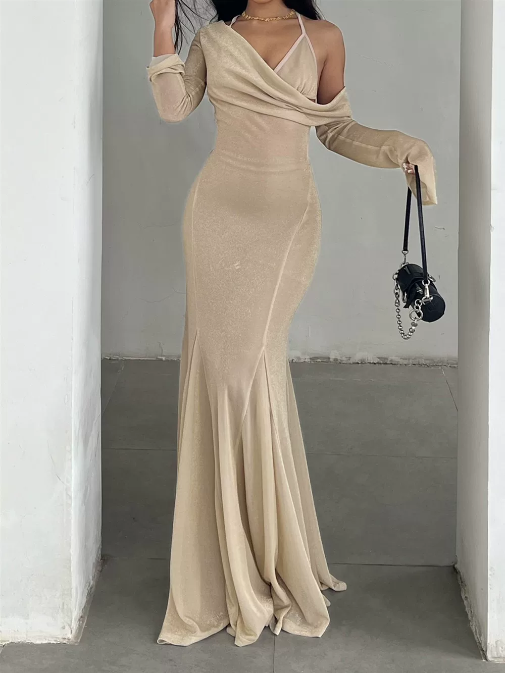 Vintage Champagne Cowl Neck Long Sleeve Maxi Prom Dress Sheer Mesh Mermaid Evening Gown TP5769
