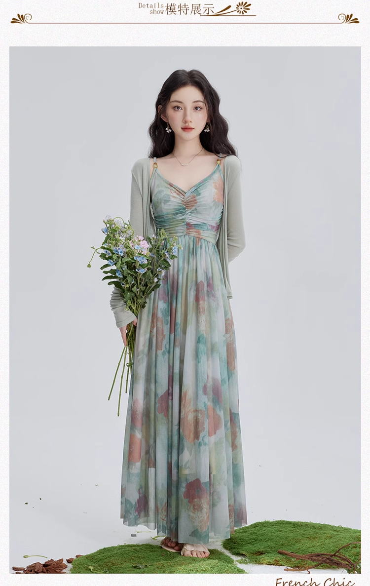 Vintage Fashion Floral Print Design Long-sleeved Cardigan A-line Long Spaghetti Strap Dress TP3335