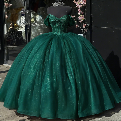 Beautiful Pink Sweetheart Sequin Off-the-shoulder Sweet 16 Quinceanera A-Line Tulle Floor-length Prom Dress Birthday Dress Evening Dress Ball Gown TP4546