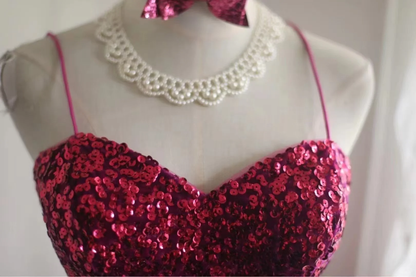 Elegant Hot Pink Sweetheart Sequined Evening Gown Mermaid Spaghetti Strap Prom Dress TP5222