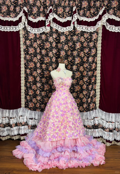 Gorgeous Applique Floral Sweet 16 Quinceanera Strapless A-Line Floor-length Tiered Prom Dress Evening Dress Ball Gown TP4389