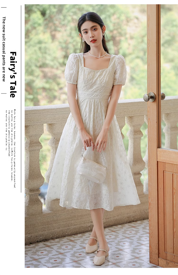 New Simple Fashion Short Puffy Sleeves Floral Design A-Line Dress TP3041