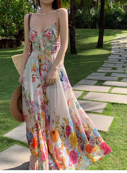 New Stylish Floral Design Beach Holiday Spaghetti Strap  Dress TP3011
