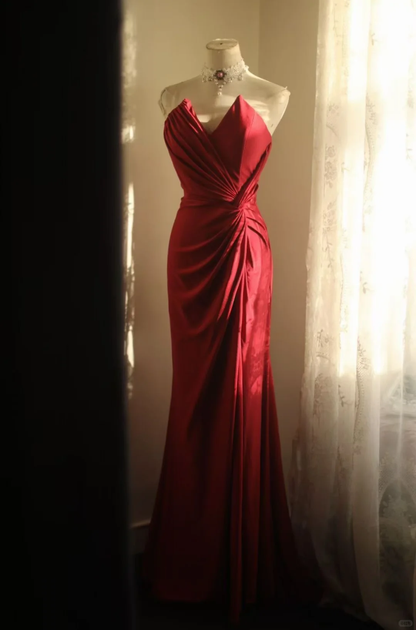 Vintage Burgundy Satin Strapless Mermaid Ruched Detail Prom Dress TP5863