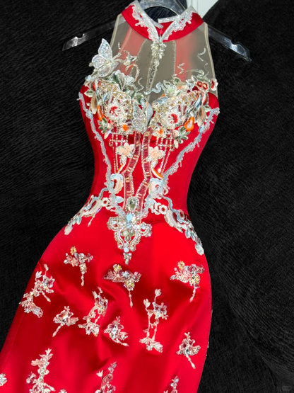 Gorgeous Sparkling Red Beaded Sequined Embroidery Design Elegant Mermaid Prom Dress Evening Dress TP4209