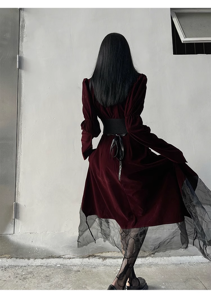 Elegant Fashion Red Velvet Irregular Dress Edge Design Gothic style party High-waisted Long-sleeved Dress TP2915