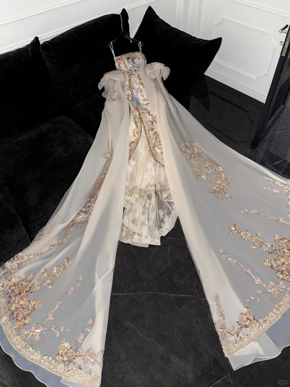 Sparkling Beige Beaded Sequined Design Elegant Mermaid Prom Dress Evening Dress TP4212