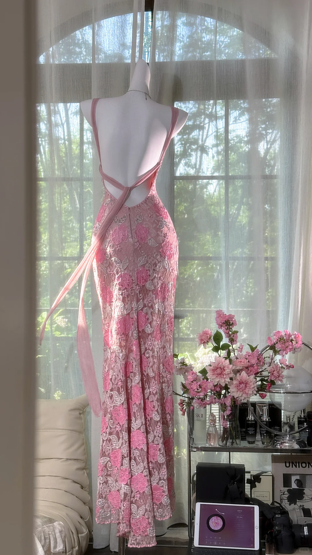 Vintage Gorgeous Pink Floral V-neck Applique Elegant Chiffon Long Evening Dress Prom Dresses TP4150