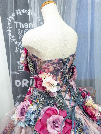 Glamorous Floral Strapless 3D Flower Tulle Sweet 15 Quinceanera Ball Gown TP5497
