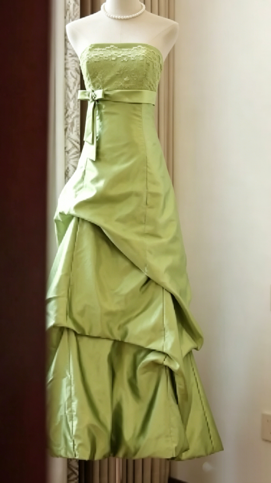 Vintage Olive Green Strapless Lace Bodice Draped Satin Prom Dress TP5839