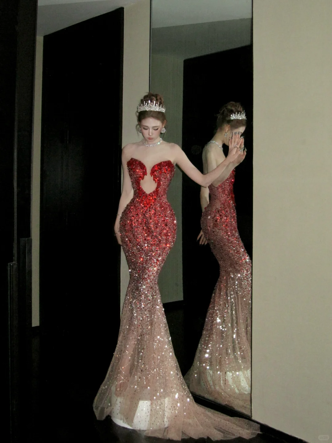 Vintage Gradient Red Sweetheart Strapless Mermaid Design Sexy Prom Dress Evening Dress TP4230