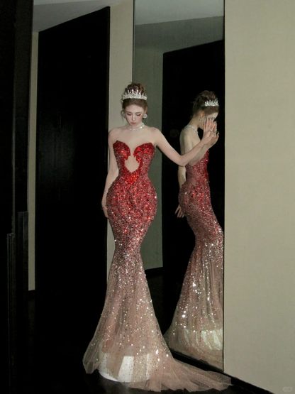 Vintage Gradient Red Sweetheart Strapless Mermaid Design Sexy Prom Dress Evening Dress TP4230