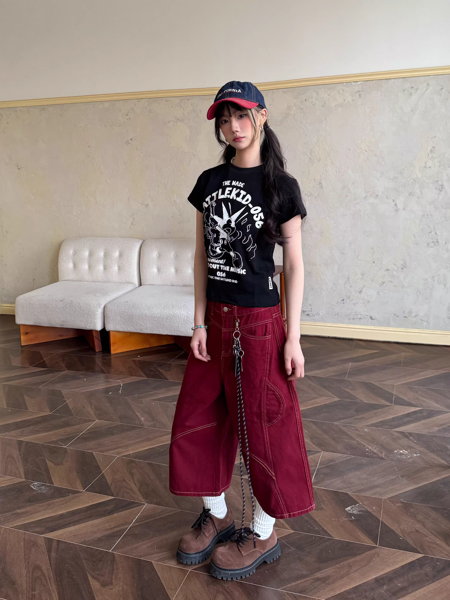 Vintage Loose-fitting Lanyard Decoration Design Street-style Casual Cropped Pants TP3228