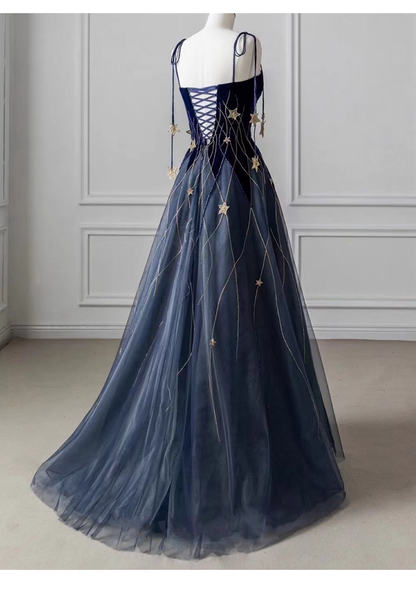 Vintage Navy Blue A-Line Evening Gown Star-studded Spaghetti Strap Party Dress Long Formal Dress TP4939