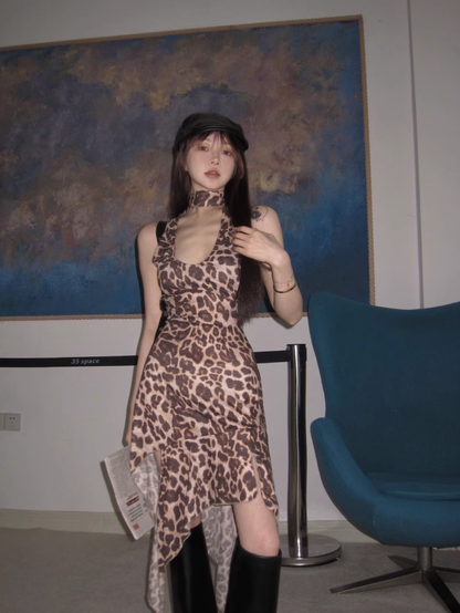 New Fashion Leopard Print Irregular Hem Design A-line Halter Dress TP3425
