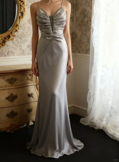 Elegant Spaghetti Strap Grey Mermaid Evening Gown Beaded Ruched Prom Dress TP5640
