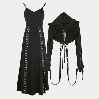 Vintage Hooded Strappy Top Design A-line Sleeveless Spaghetti Strap Split Dress TP3284
