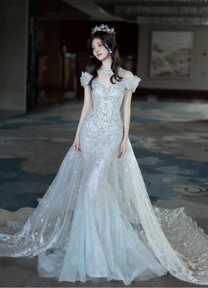Elegant Off‑the‑Shoulder Sparkly Mermaid Beaded Lace Glitter Tulle Cathedral Train Wedding Dress TP6126