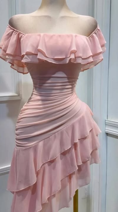 Vintage Pink Off-the-Shoulder Ruffle Tiered A-Line Homecoming Dress TP5882