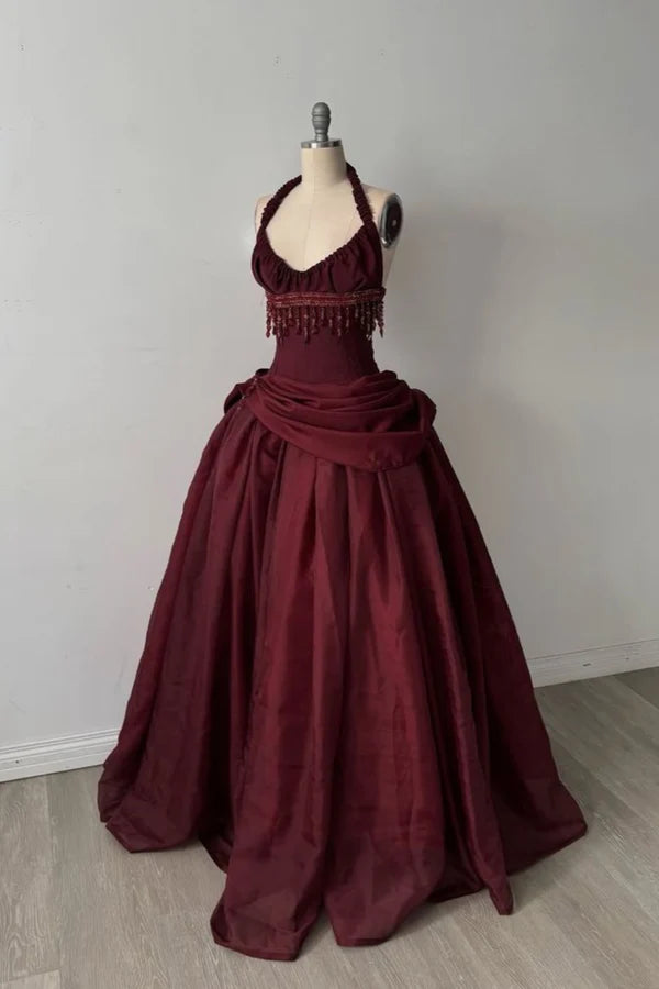 Glamorous Burgundy Halter Neck Beaded Fringe Satin Sweet 16 Quinceanera Ball Gown TP5698