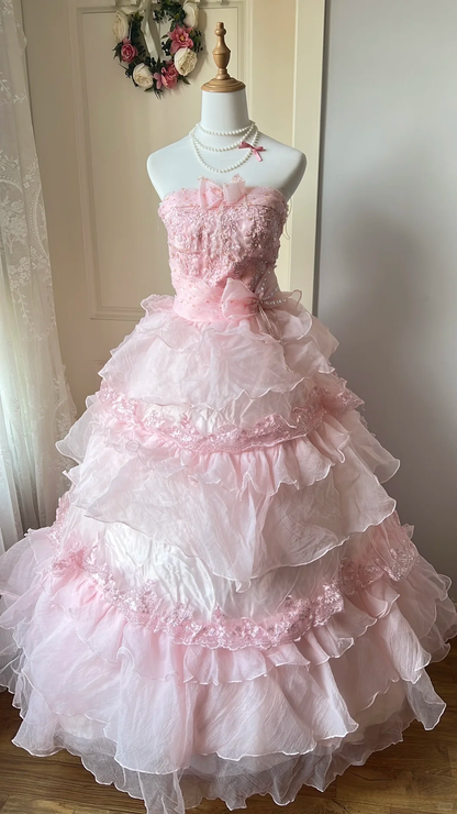 Vintage Pink Tiered Lace & Bow Applique Quinceanera Ball Gown TP5838