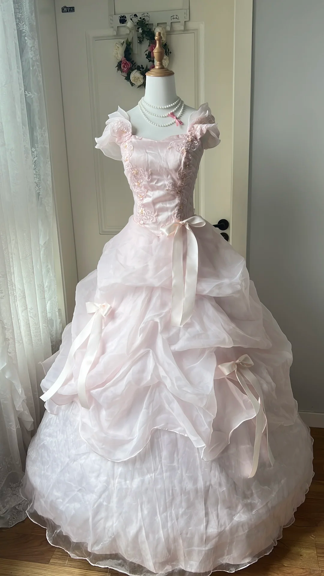 Glamorous Pink Off-the-Shoulder Lace Embroidered Bow Tiered Organza Ball Gown TP5830