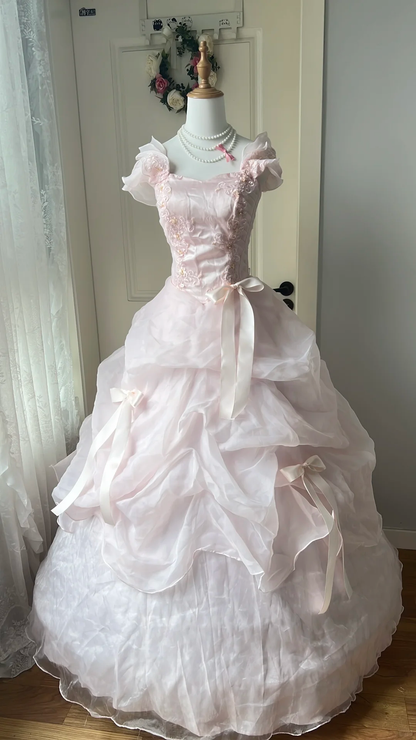 Glamorous Pink Off-the-Shoulder Lace Embroidered Bow Tiered Organza Ball Gown TP5830