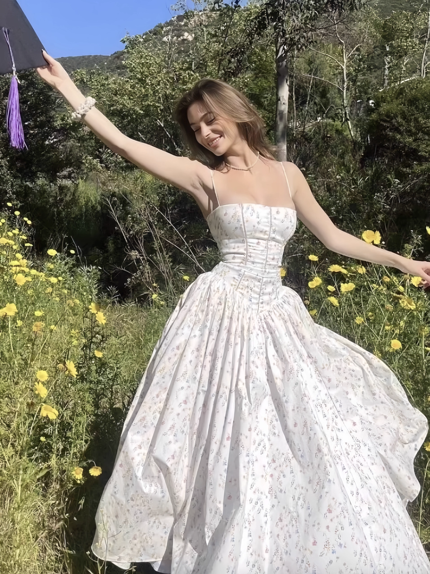 Chic Floral A-Line Spaghetti Strap Long Party Dress TP4923