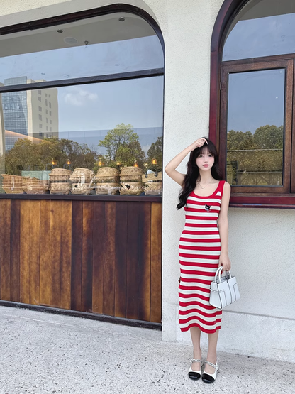 New Fashion Red Streak Casual Sleeveless Spaghetti Strap Dress TP2977