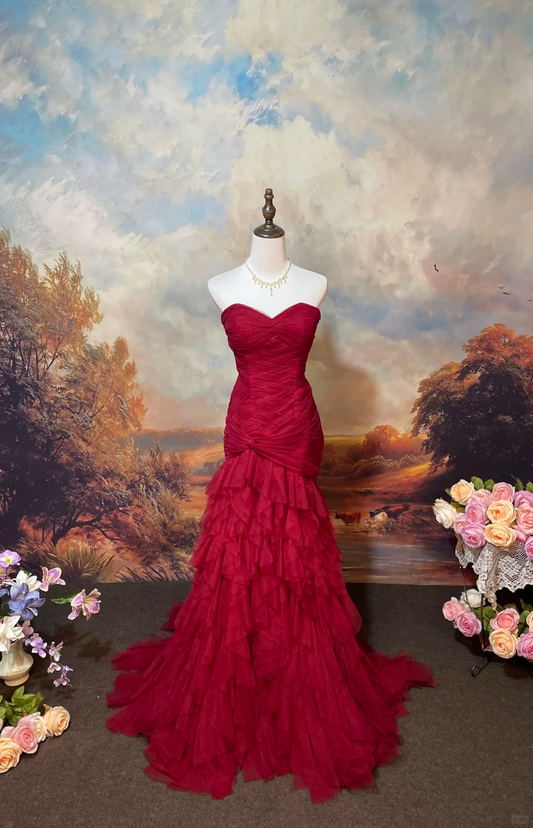 Vintage Burgundy Strapless Mermaid Sweetheart Ruffled Tulle Evening Gown TP5458