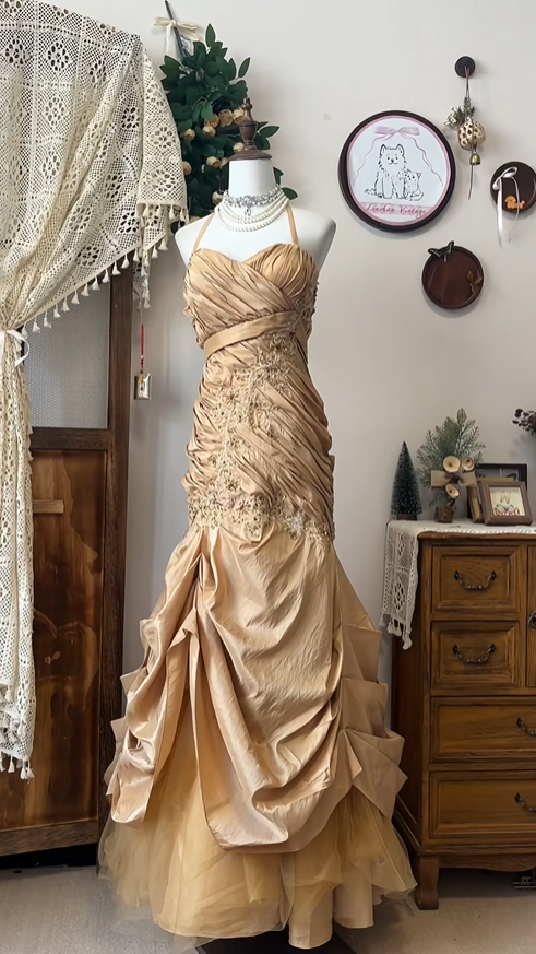 Vintage Golden Applique Ruffle Mermaid Elegant Satin Tulle Evening Dress Prom Dresses TP4182