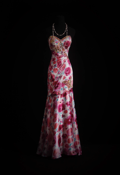 Vintage Pink Floral Beaded Sweetheart Strapless Mermaid Prom Dress TP5679