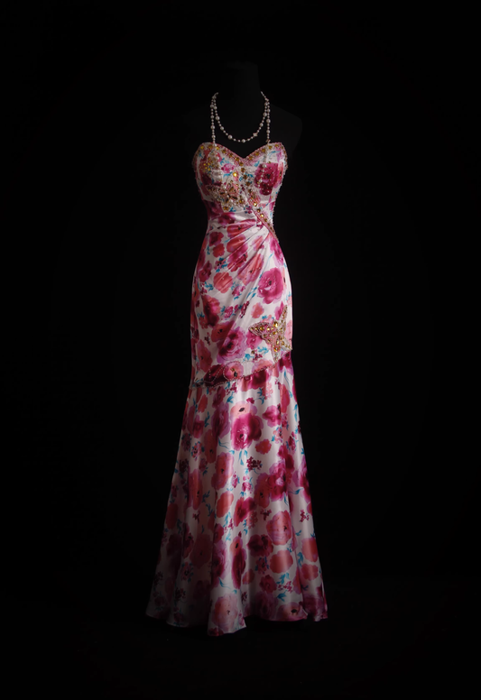 Vintage Pink Floral Beaded Sweetheart Strapless Mermaid Prom Dress TP5679