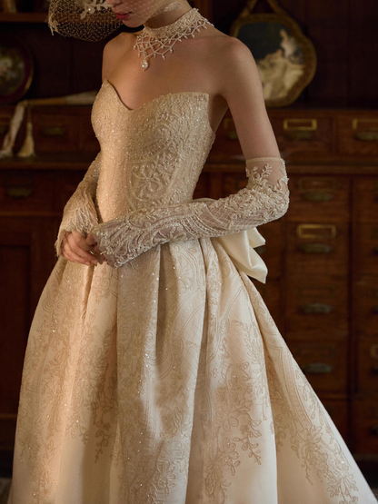 Elegant Ivory Beaded Applique A-Line Strapless Long Wedding Dress TP5023